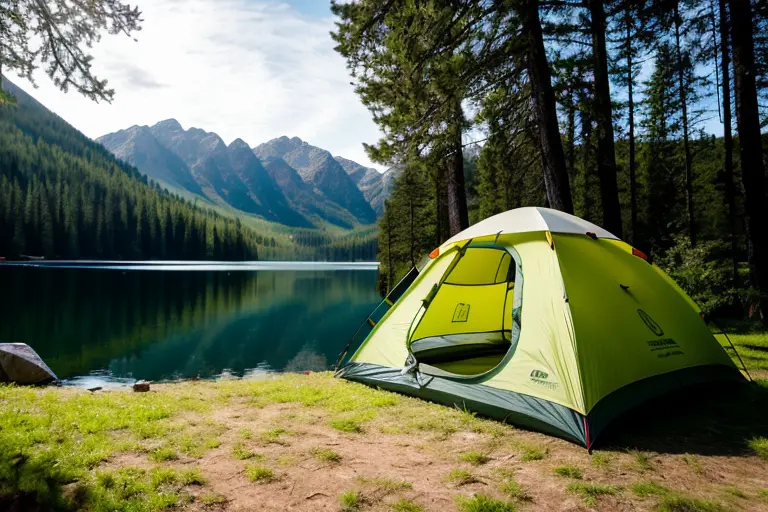camping tent by the lake and a breath-taking landscape